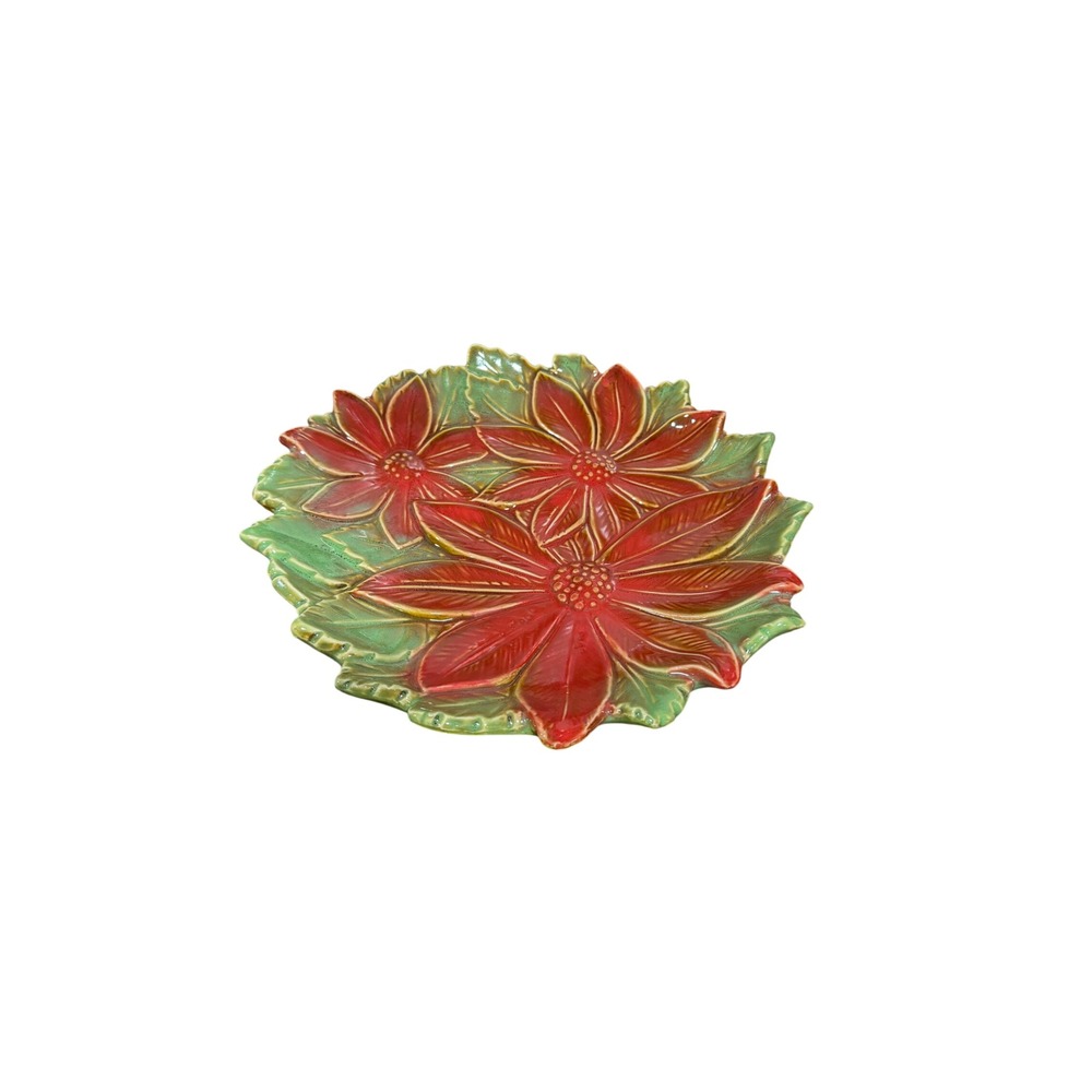 Vintage Majolica Style Ceramic Poinsettia Plate Red Green Holiday Wall Decor - Picture 6 of 7